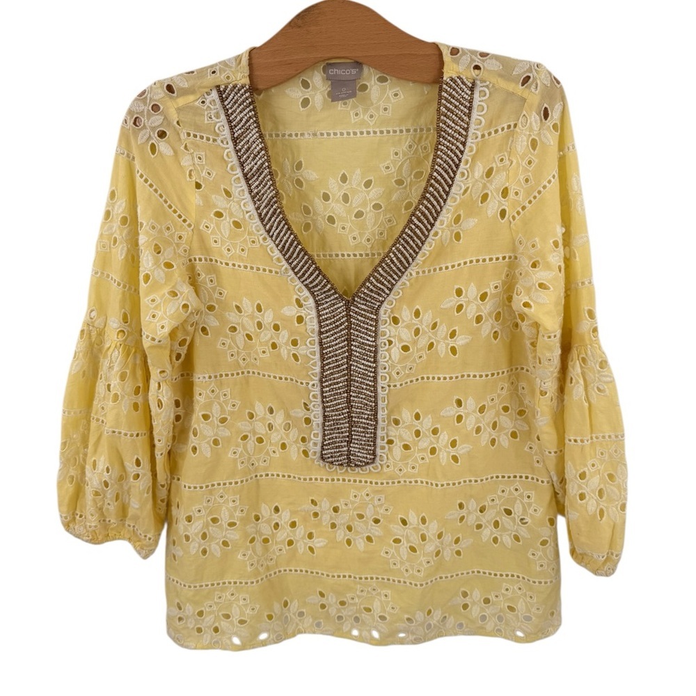 Chicos Womens Yellow Eyelet Peasant Blouse Top Sz 0 (US 4) Beaded Eyelet Cotton